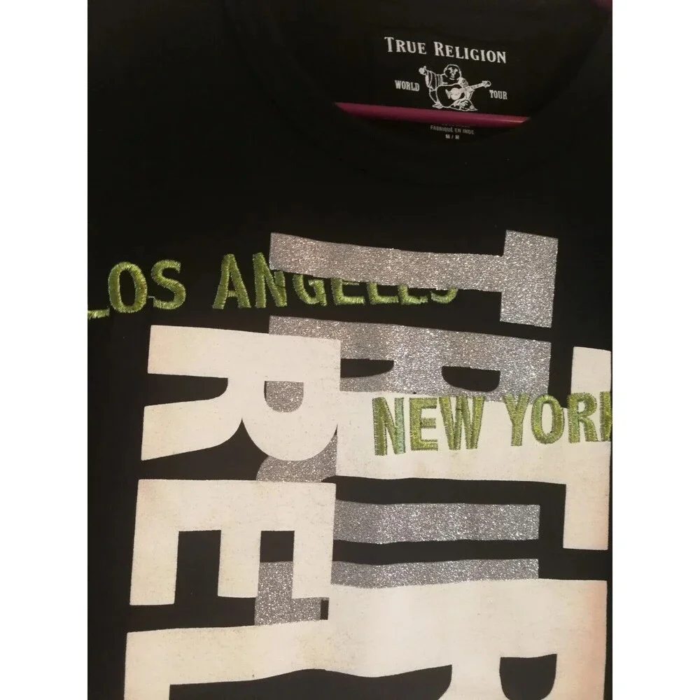 Men's True Religion World Tour Black Silver Embroidered T Shirt Size M